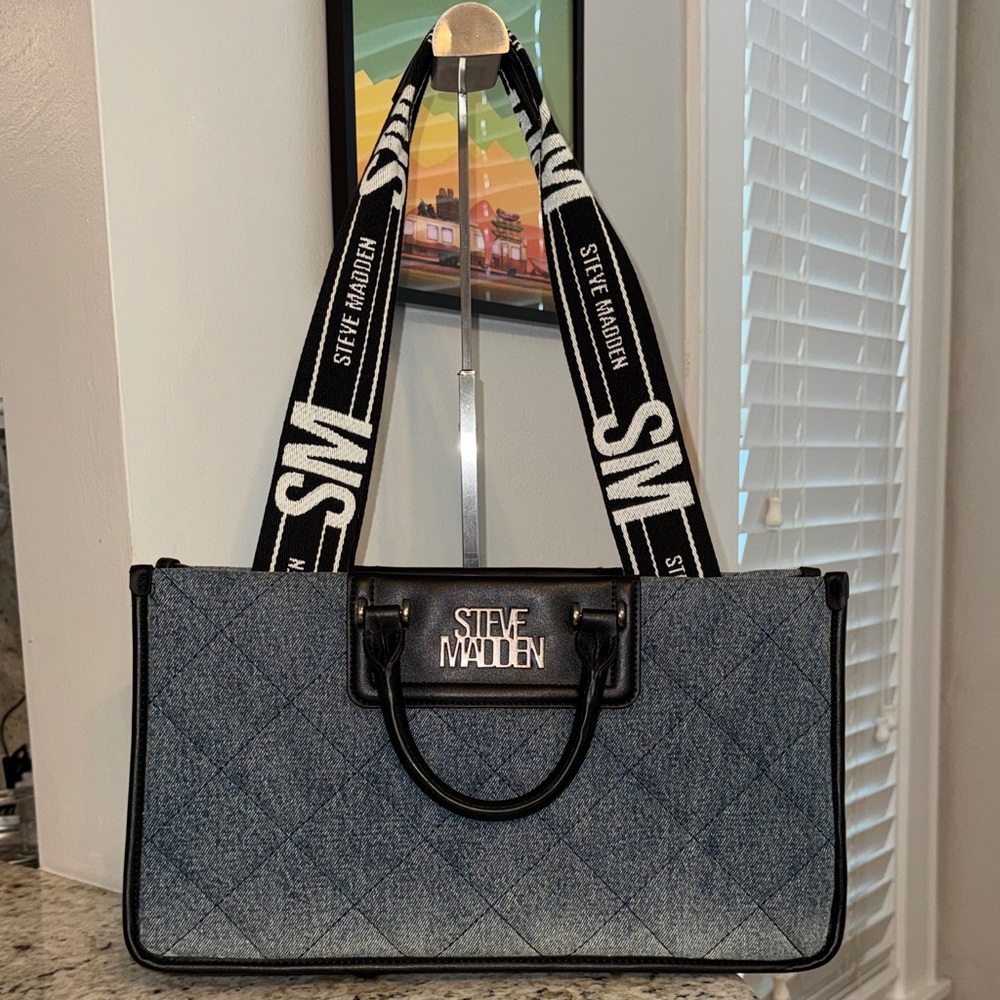 Steve Madden Denim Quilted Tote with Black Trim and Logo Strap